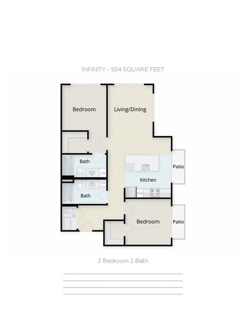Floor plan for 2 beds, 2 baths, 934 sqft